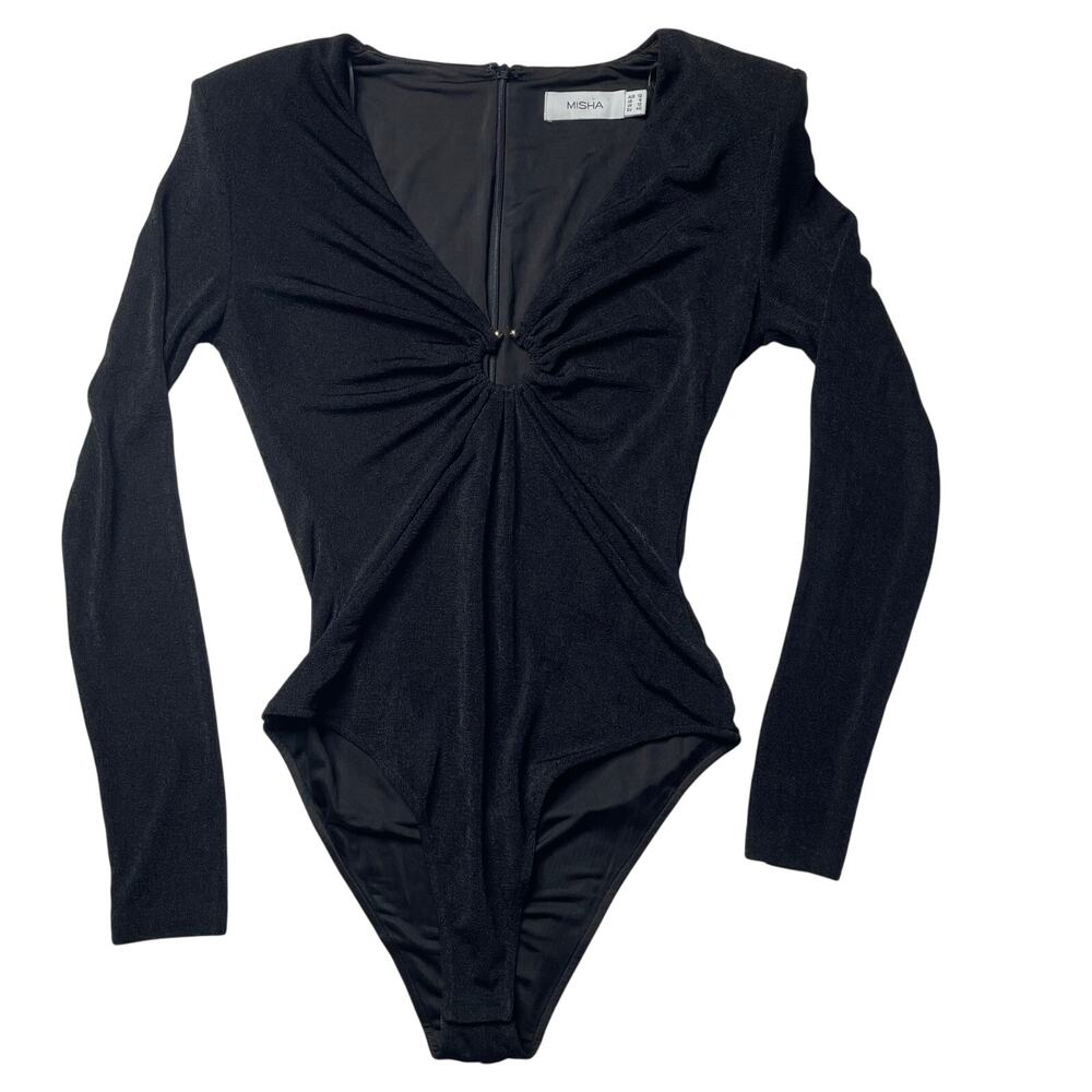 Misha Black Long Sleeve Bodysuit Size 8 Women's V-Neck Stretchy